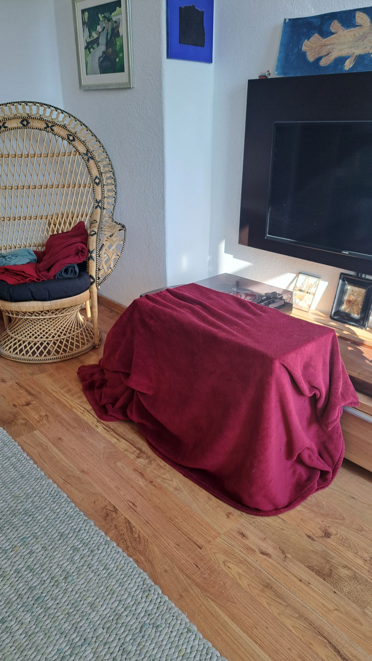 Blick in ein Wohnzimmer. Im Vordergrund ein kleiner Turm aus Bierkisten, abgedeckt durch eine rote Decke 